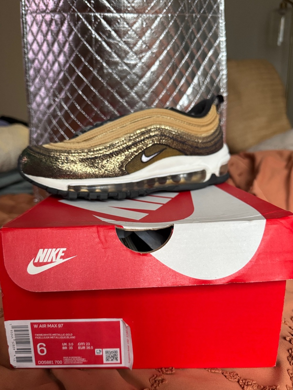 Nike Women’s Metallic Gold and Tan Air Max 97, size 6, NEVER WORN